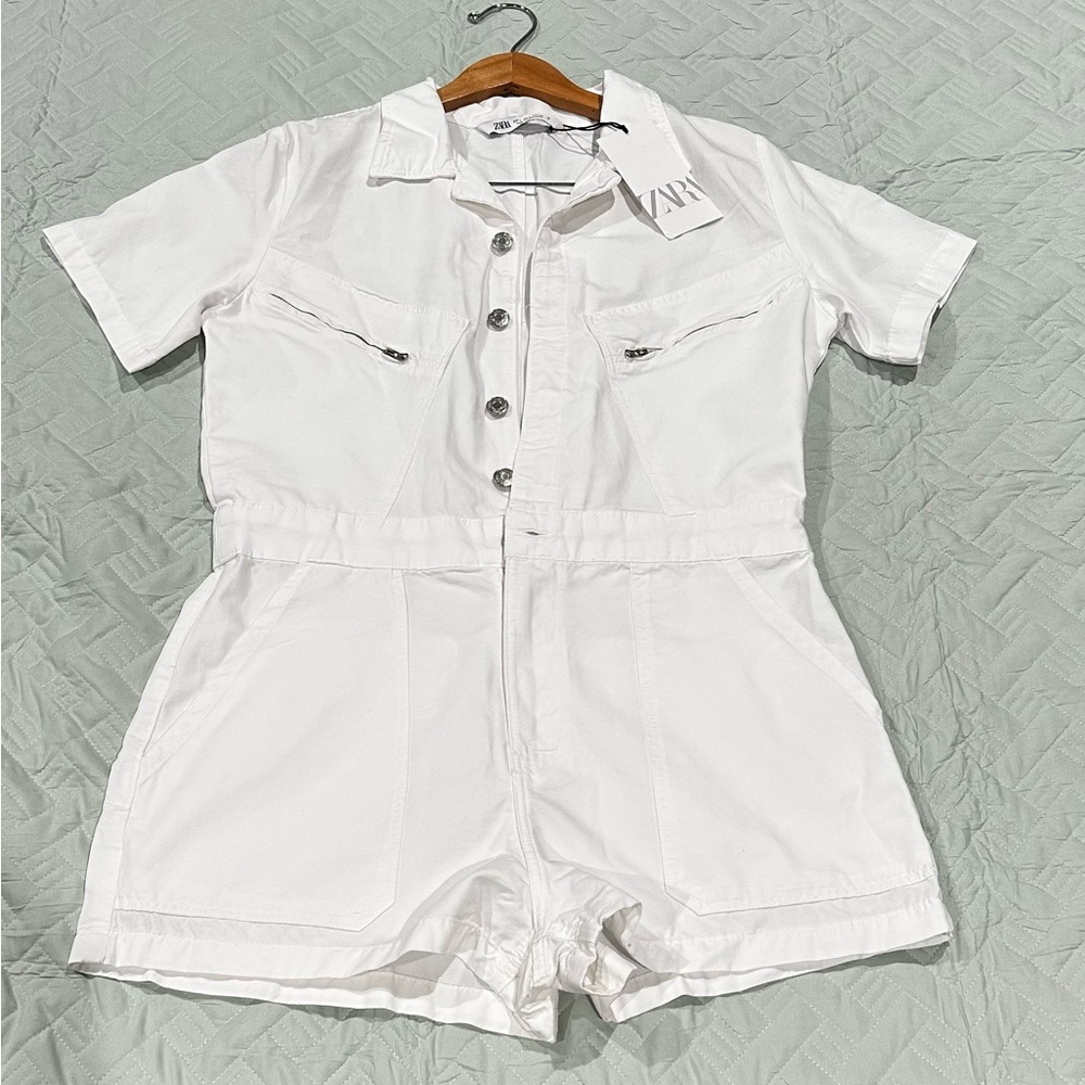 ZARA Women White Utility Romper Short Sleeve Zip Pocket Button Front Size L NWT - Picture 5 of 5